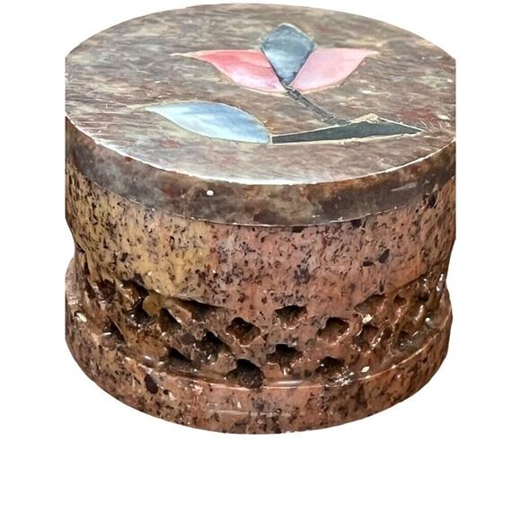 Vintage Soapstone Granite Inlay Floral Trinket Round Jewelry Box Inlaid Flowers - Picture 2 of 16